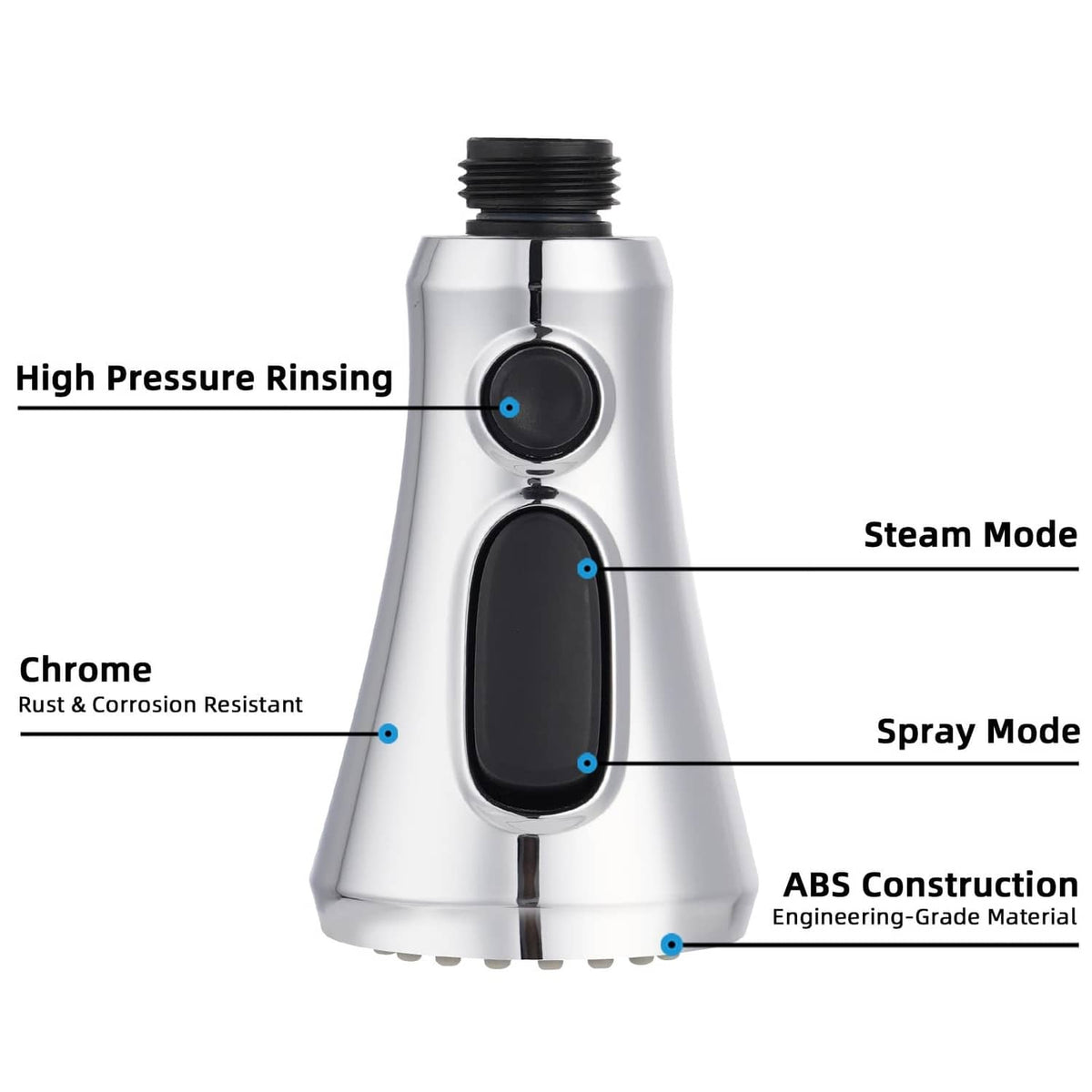 Chrome faucet head with black control panel and spray mode openings