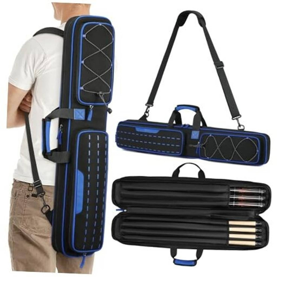 Blue and black padded pool cue case with shoulder straps for pool cues