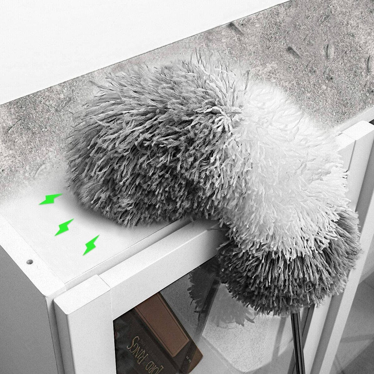 Microfiber feather duster head with gray-and-white bristles for cleaning corners
