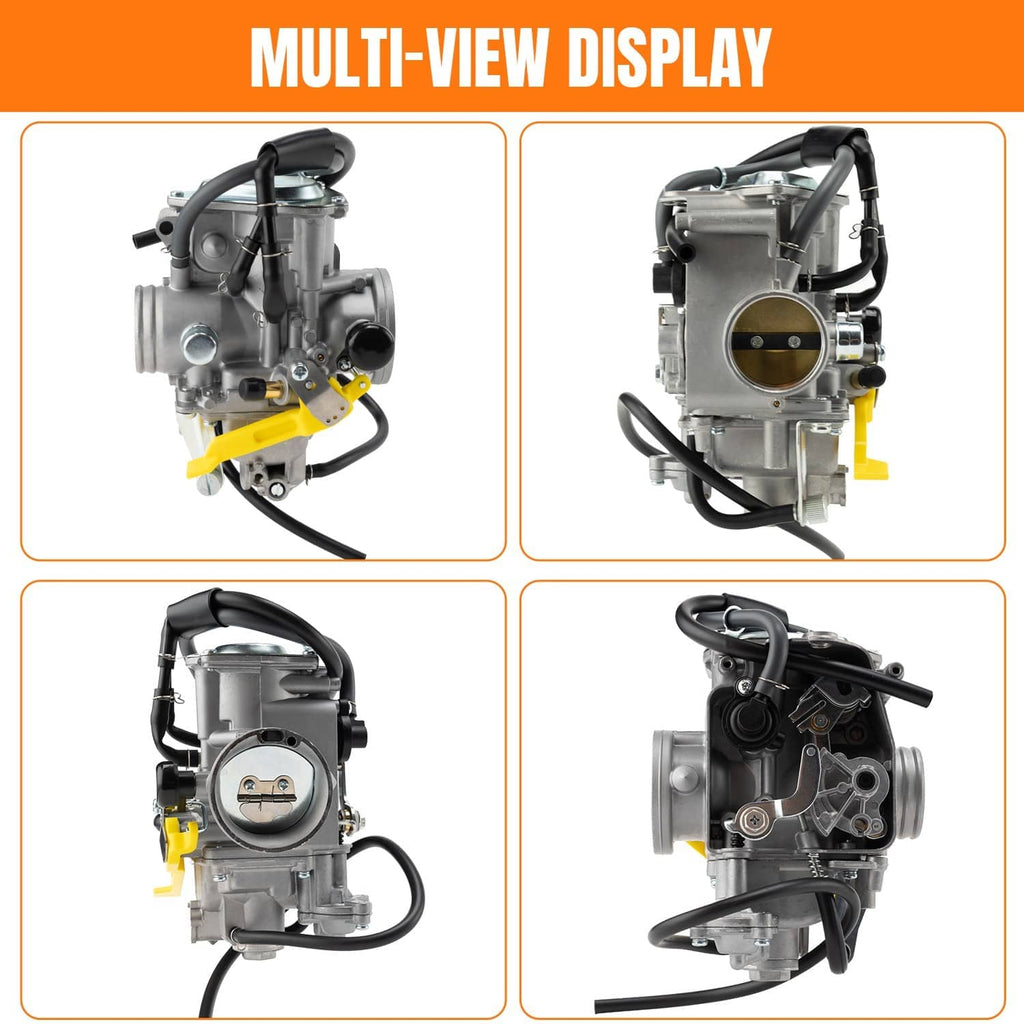 Carburetor assembly multi-view showing hoses, intake opening, and side ports