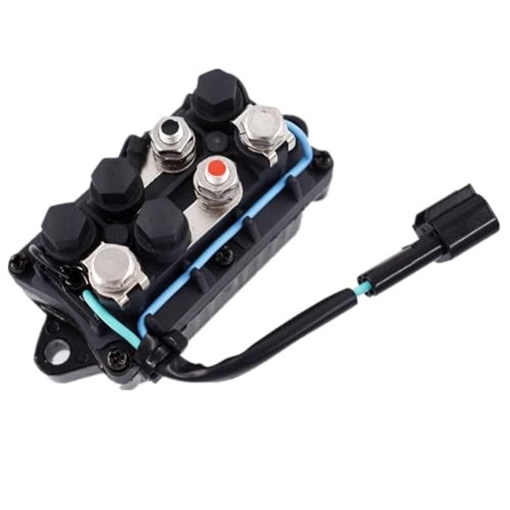 Tilt-trim relay with blue wire frame, six terminals, and attached cable ends
