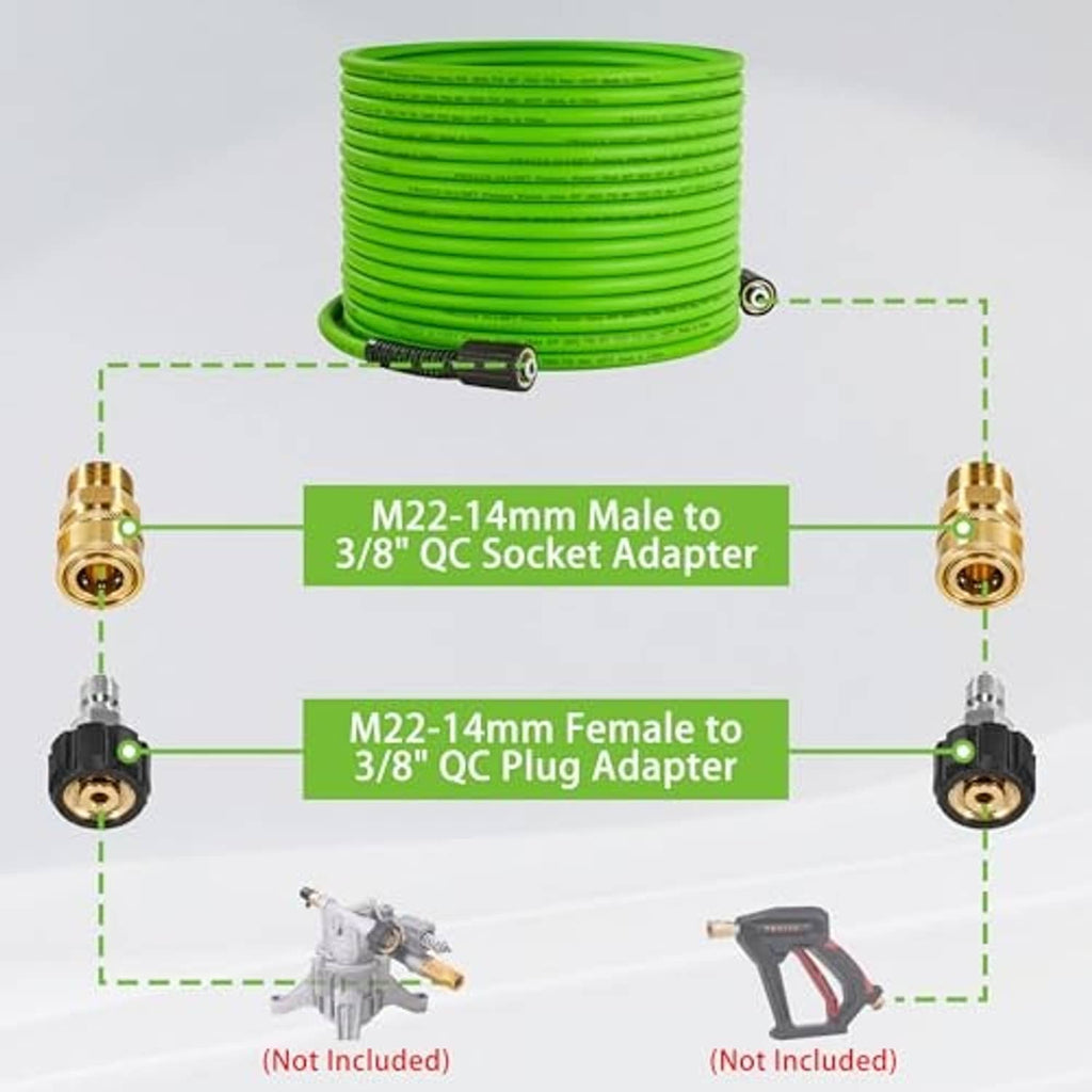 Green pressure washer hose coil with brass M22-14mm adapters for 3/8 QC plug/socket