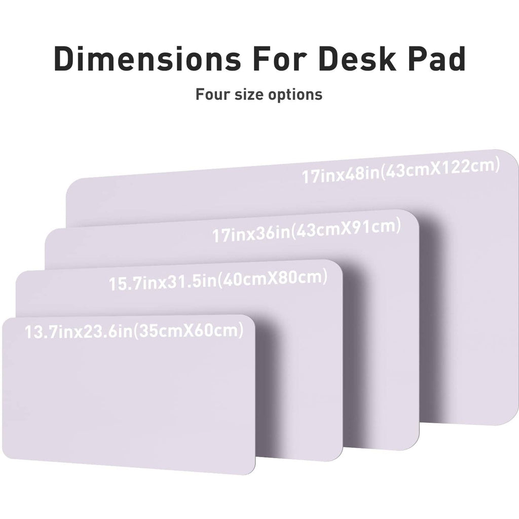 Lavender PU leather desk pad protector showing multiple size options in stacked layout