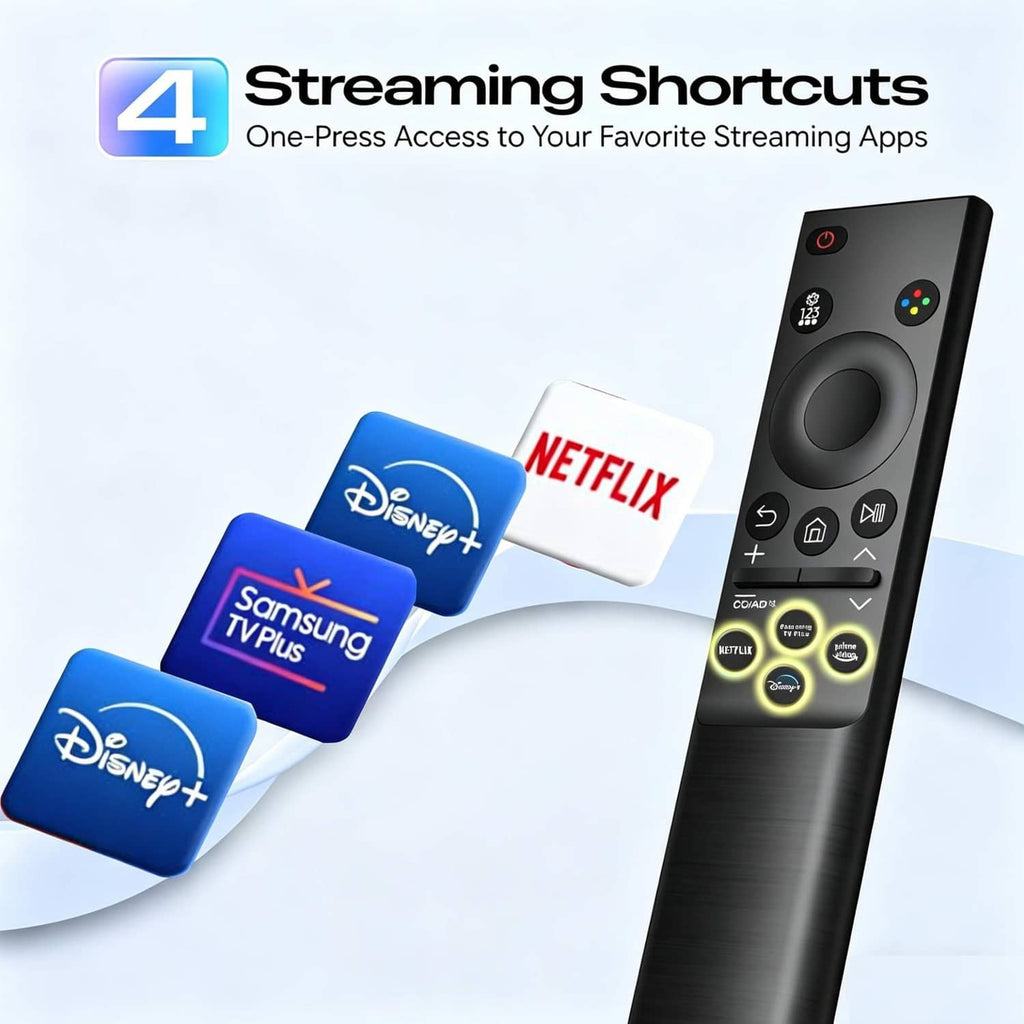 Black TV remote with Netflix and Disney+ streaming shortcuts and navigation wheel