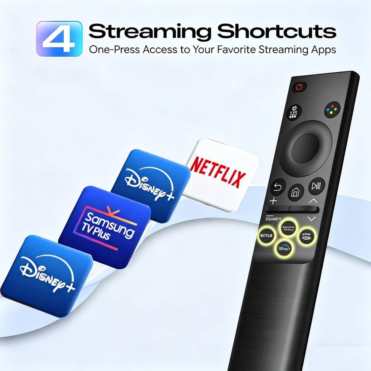 Black TV remote with Netflix and Disney+ streaming shortcuts and navigation wheel