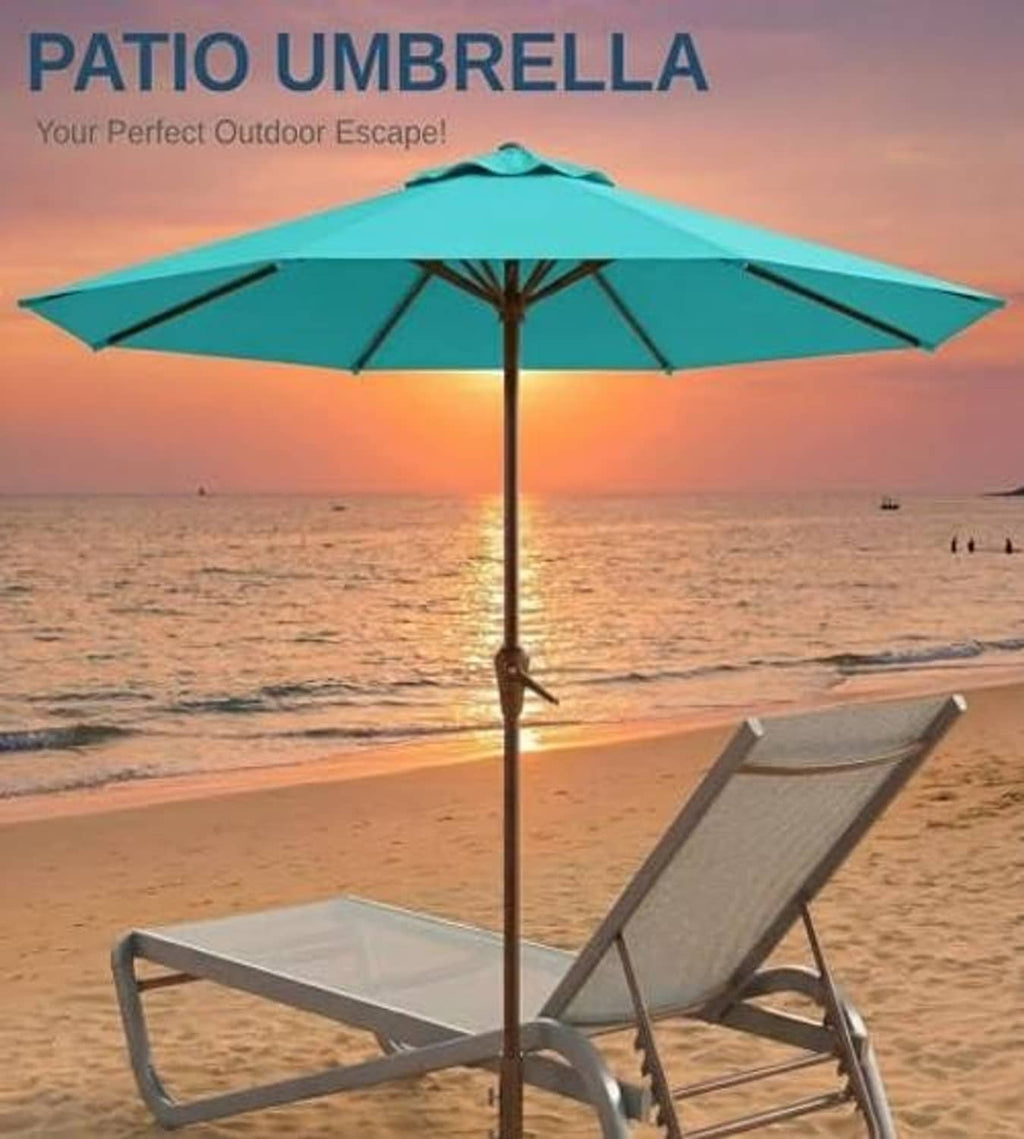 Teal outdoor patio umbrella with black center pole and open canopy