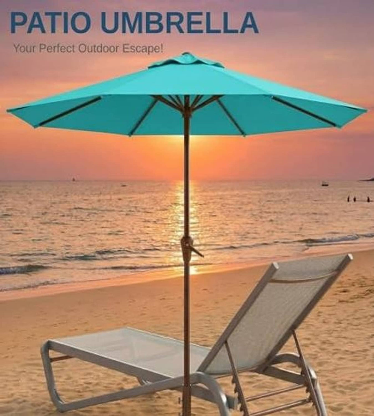Teal outdoor patio umbrella with black center pole and open canopy