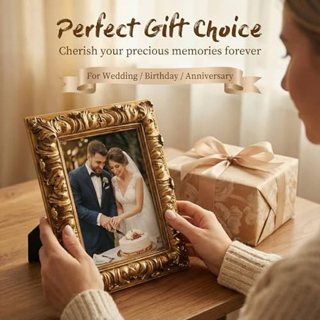 Ornate antique gold picture frame holding a wedding couple photo