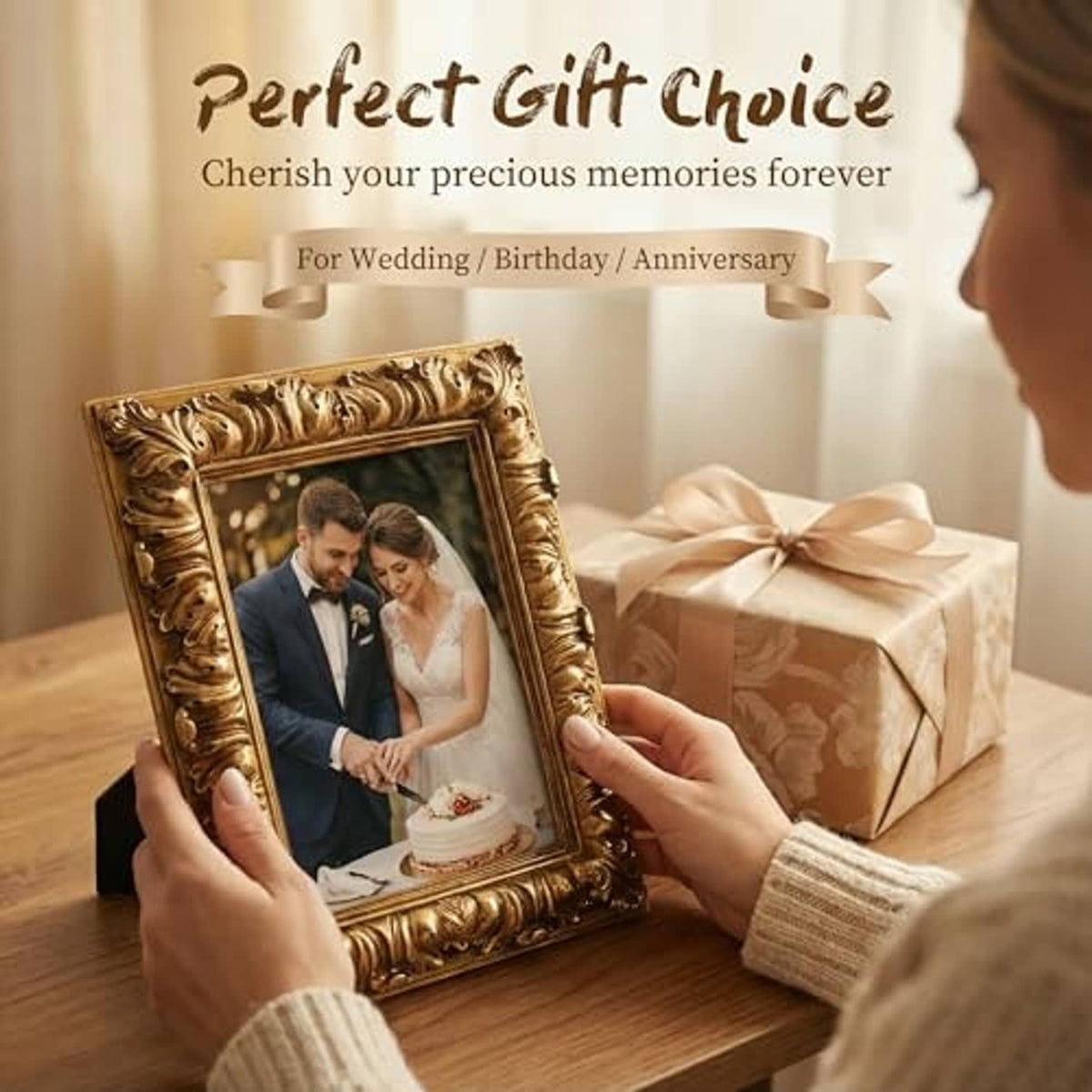 Ornate antique gold picture frame holding a wedding couple photo