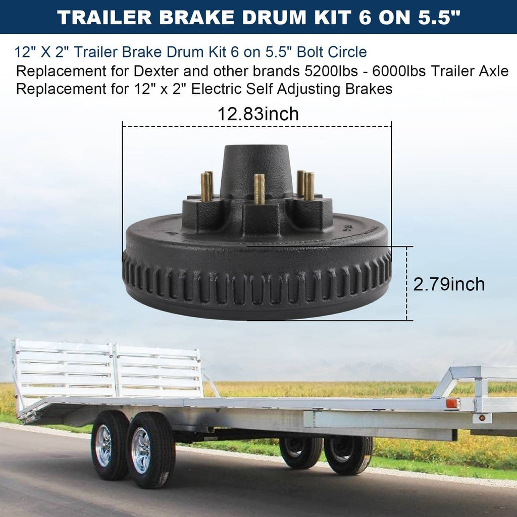 Trailer brake drum kit shown with black brake drum housing and mounting studs