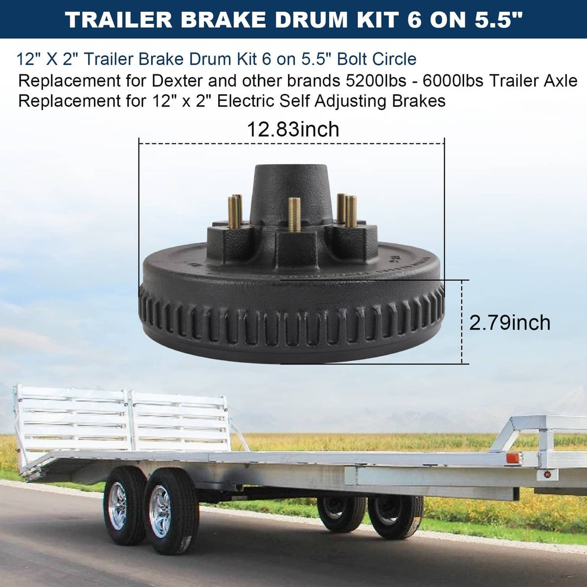 Trailer brake drum kit shown with black brake drum housing and mounting studs