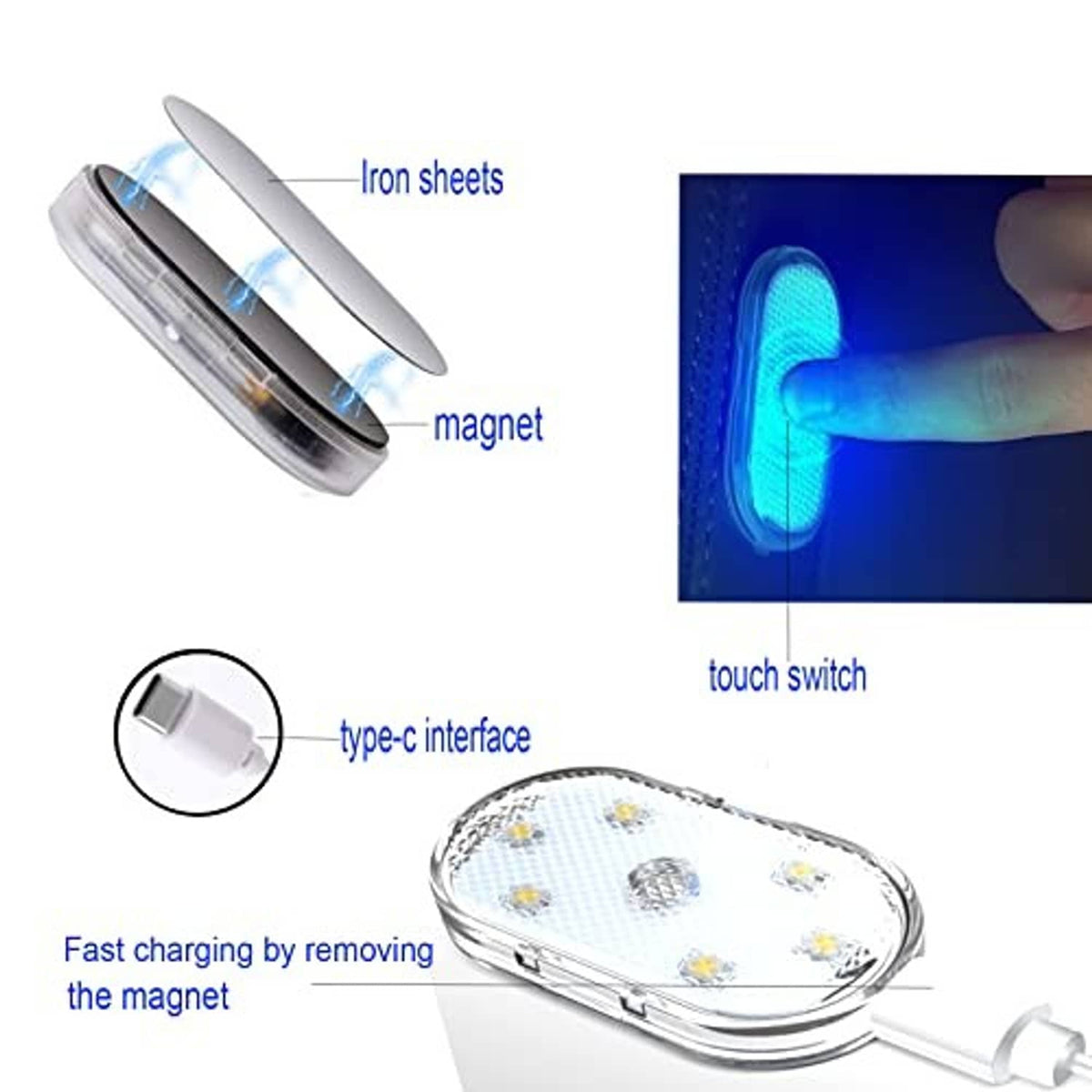 Magnetic oval LED light with USB-C charging, touch switch, and cable