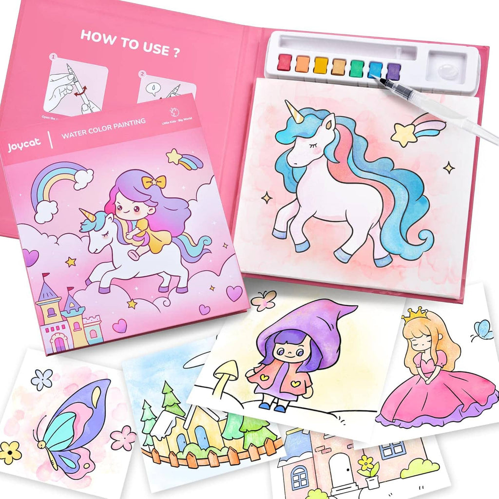 Opened watercolor painting kit showing unicorn painting card and four character sample pages