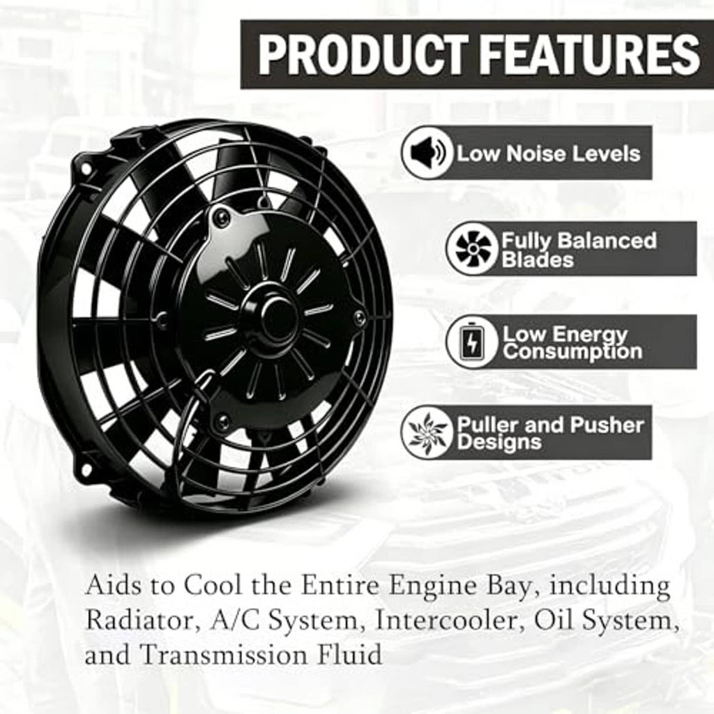 Black radiator cooling fan with round grille, central hub, and mounting points