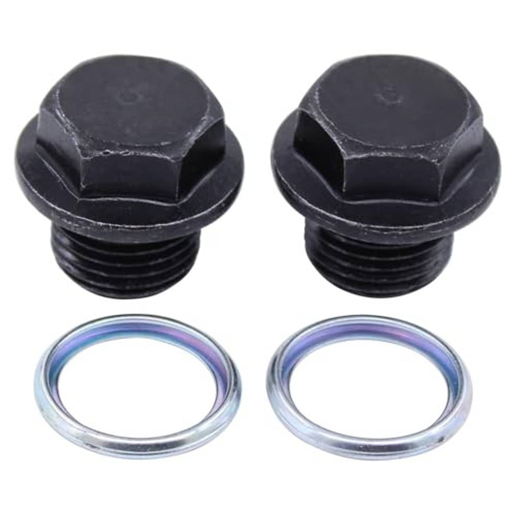 Oil drain plug bolts with crush washers—black hex heads and silver rings, 4 items total