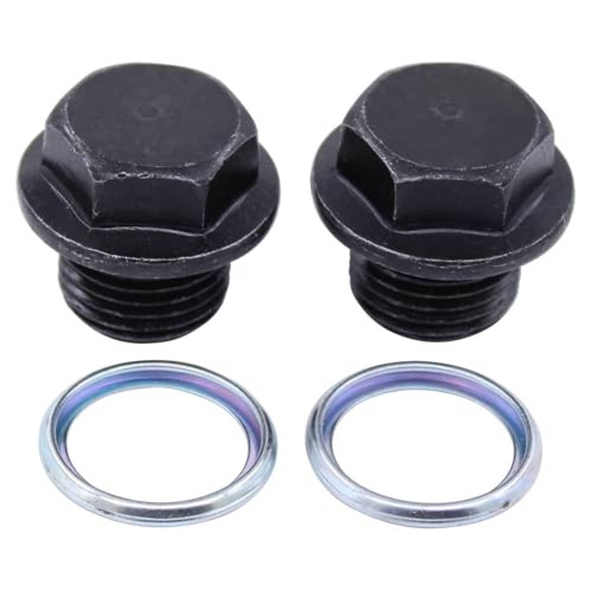 Oil drain plug bolts with crush washers—black hex heads and silver rings, 4 items total