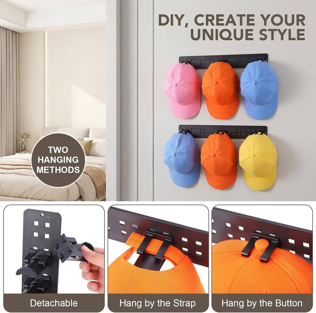 Black hat organizer rack with detachable clips holding orange, pink, and blue baseball caps