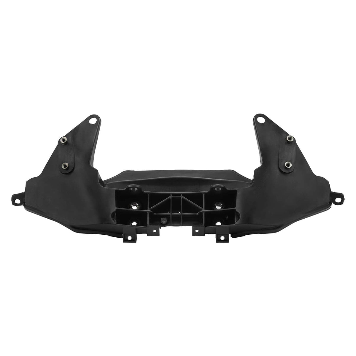 Front view of black motorcycle headlight stay bracket with central grille section