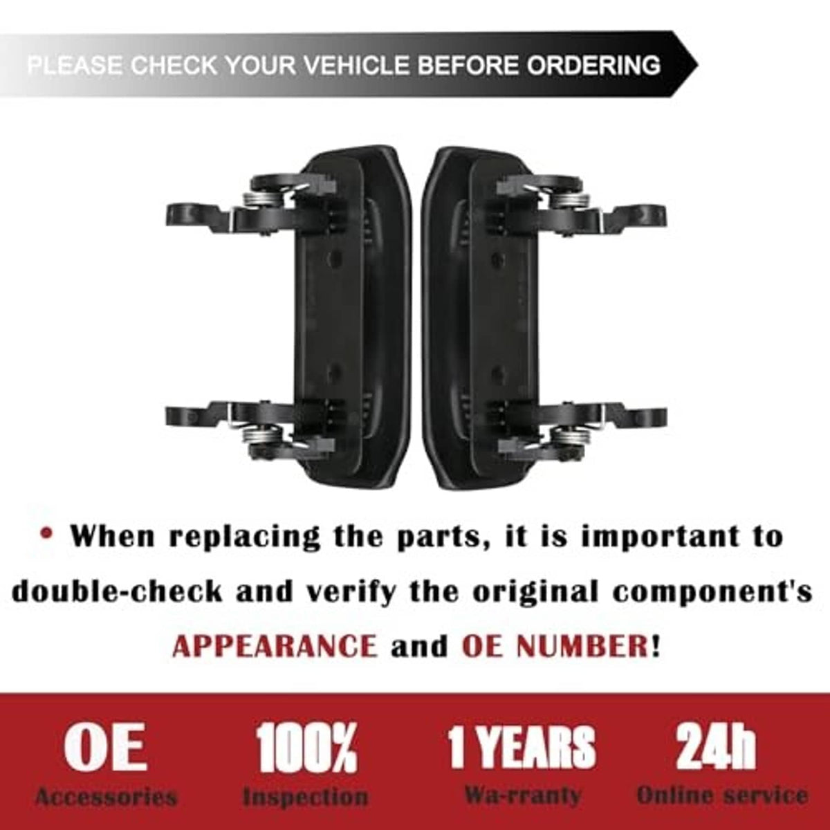 Exterior door handle set with black plastic lever and mounting brackets