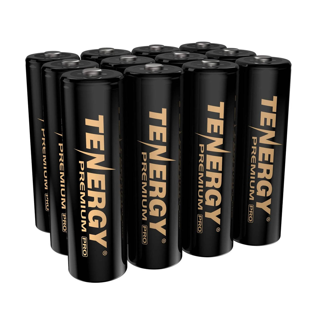 12-pack of black AA rechargeable batteries with Tenergy Premium Pro branding