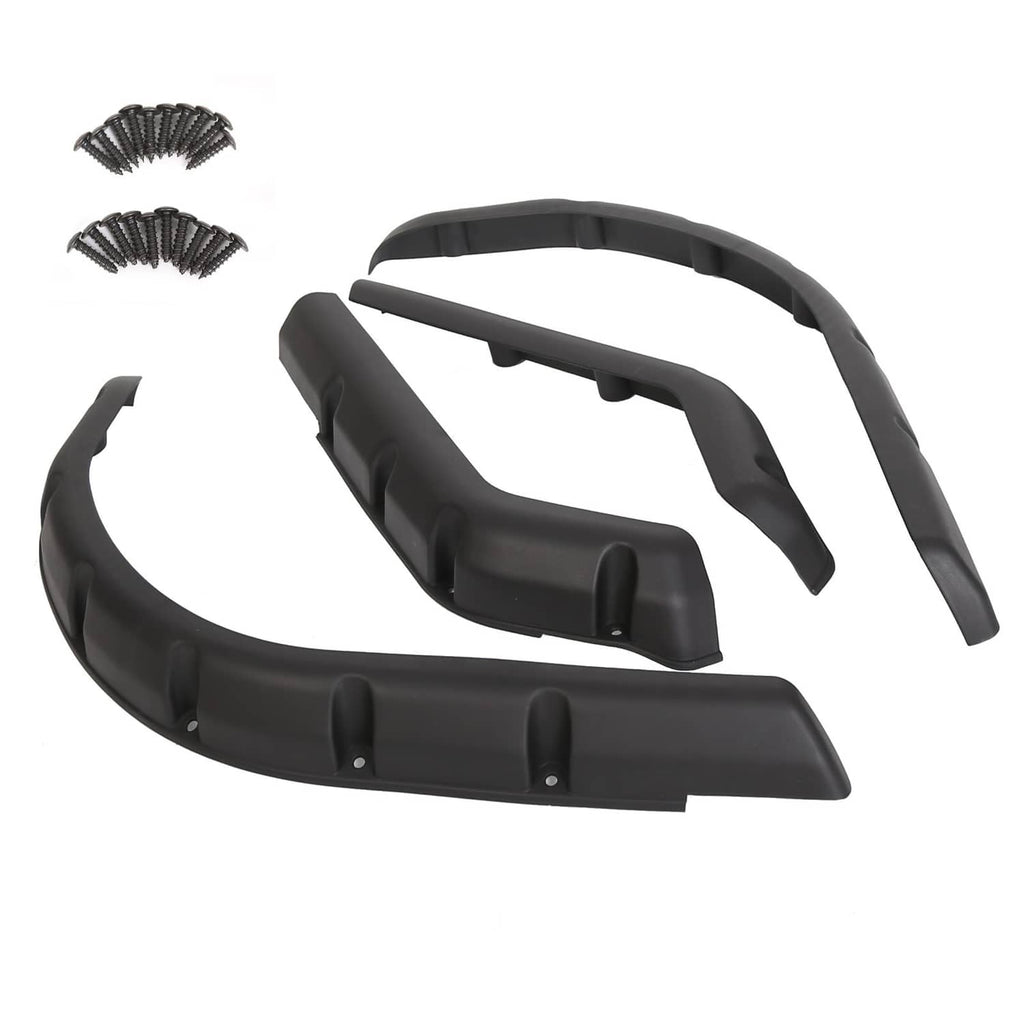 Black front and rear fender flare set with mounting posts; includes screw hardware.