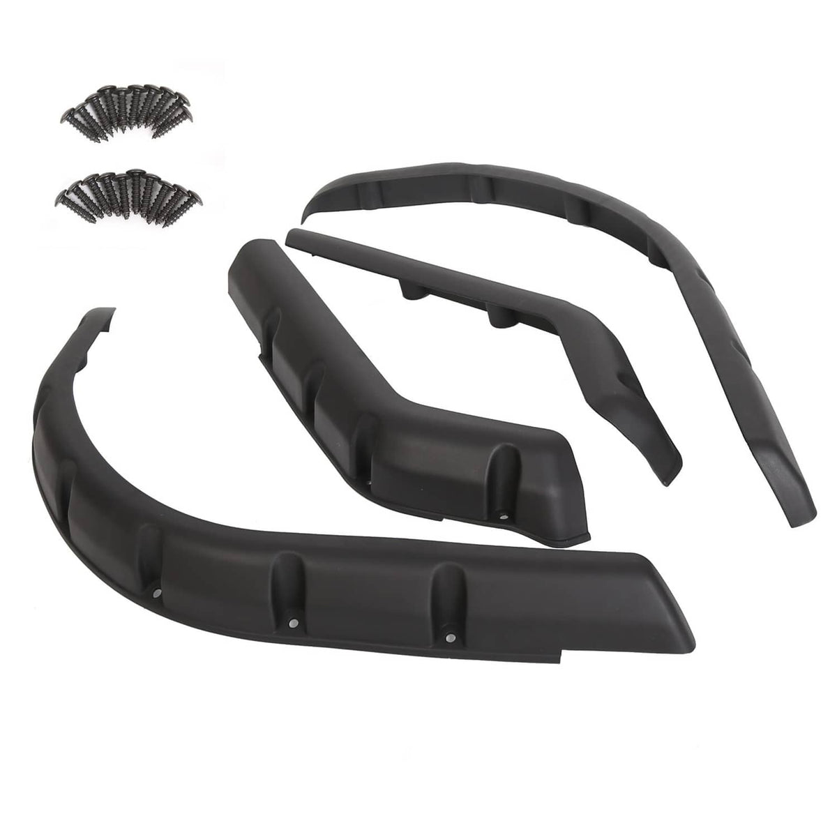 Black front and rear fender flare set with mounting posts; includes screw hardware.