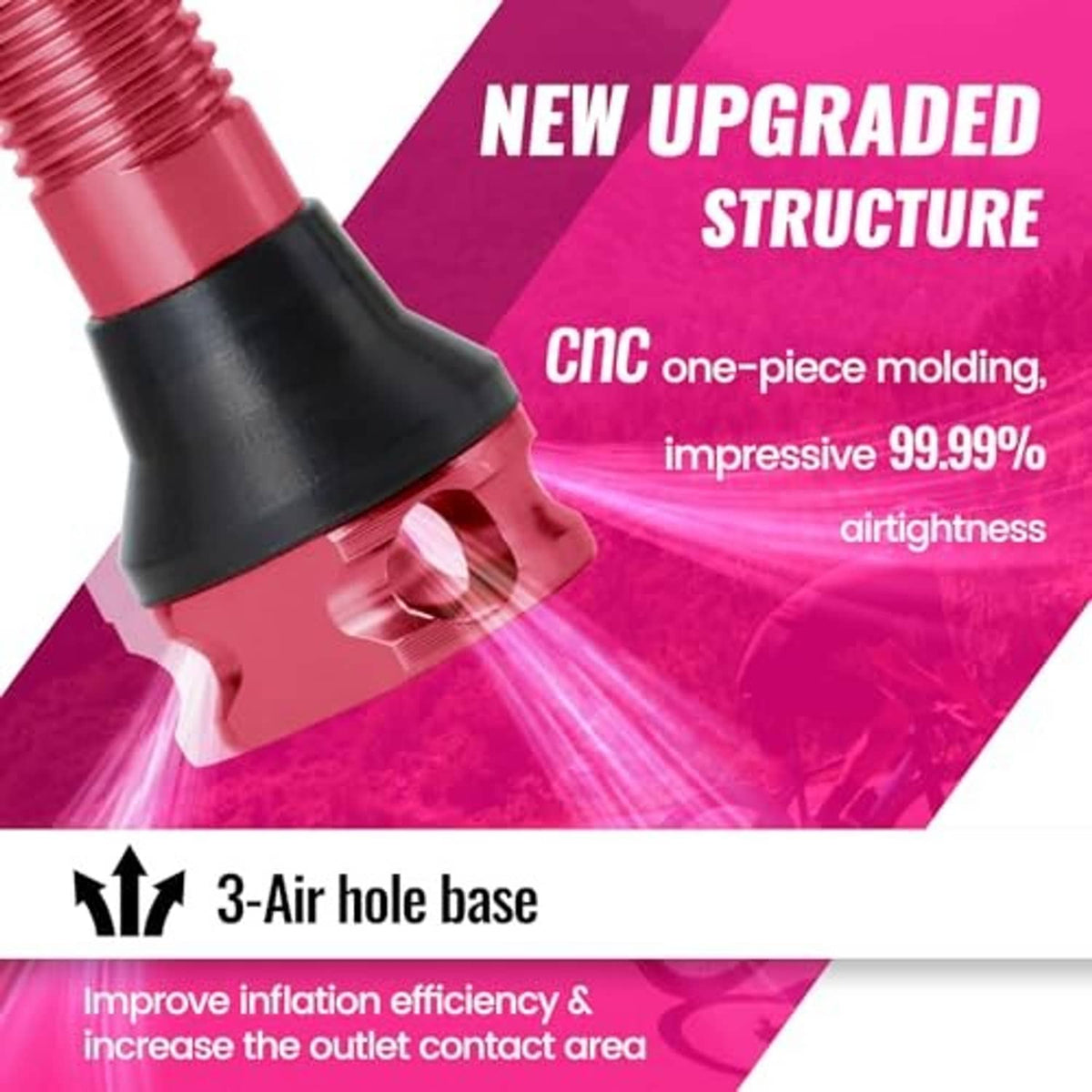 Pink Presta tubeless valve base with black rubber grommet and threaded stem