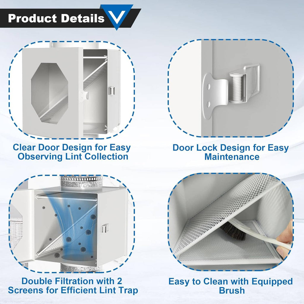 Dryer lint trap box showing dual mesh screens and hinged door with latch