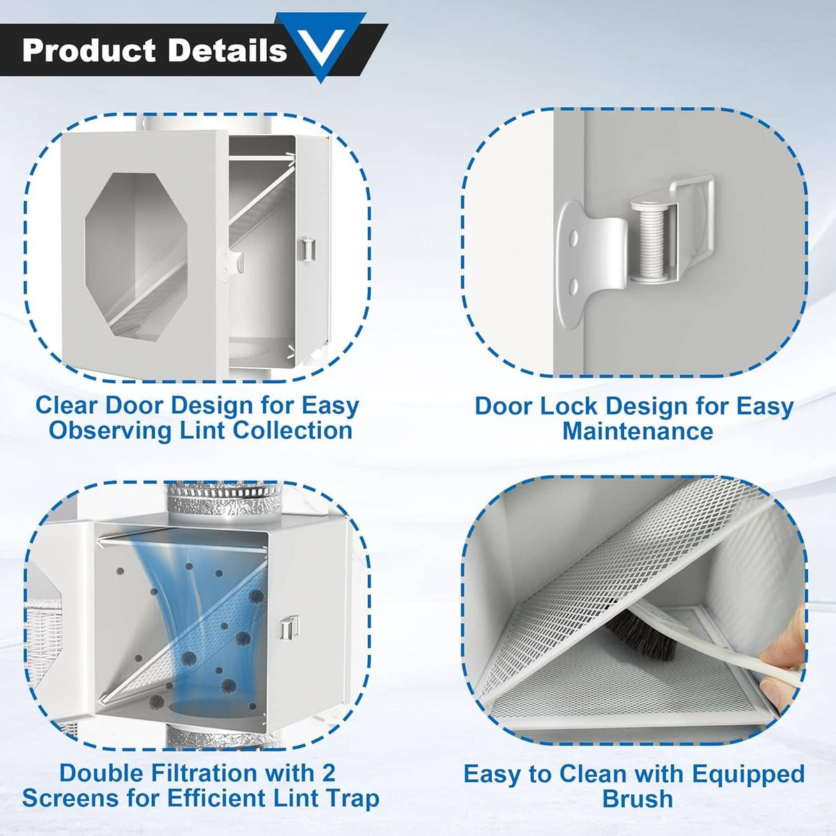 Dryer lint trap box showing dual mesh screens and hinged door with latch