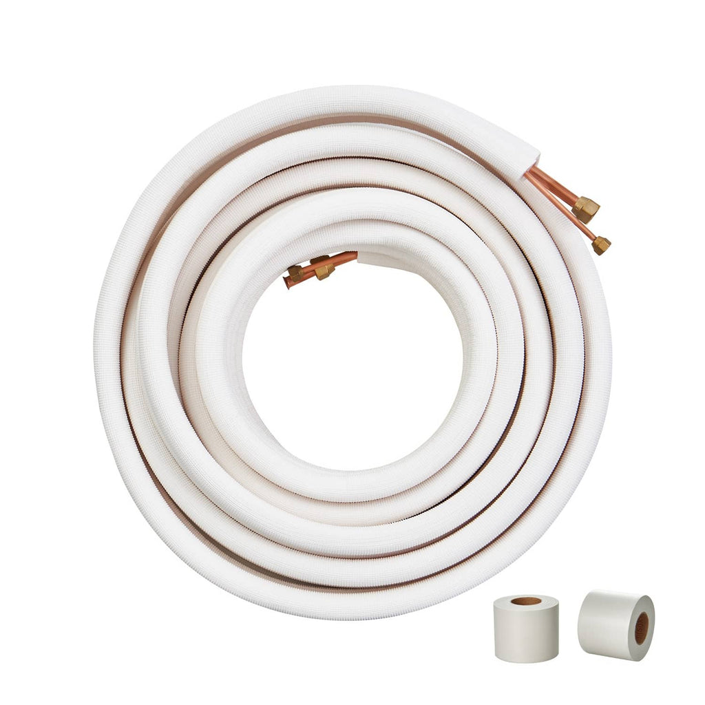 Insulated mini split line set with coiled white tubing and copper fittings