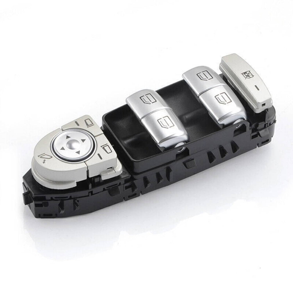 Power window master control switch with left dial and four silver rocker switches