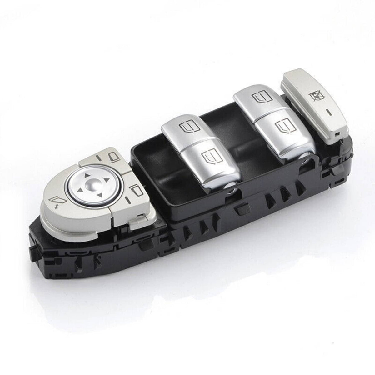 Power window master control switch with left dial and four silver rocker switches