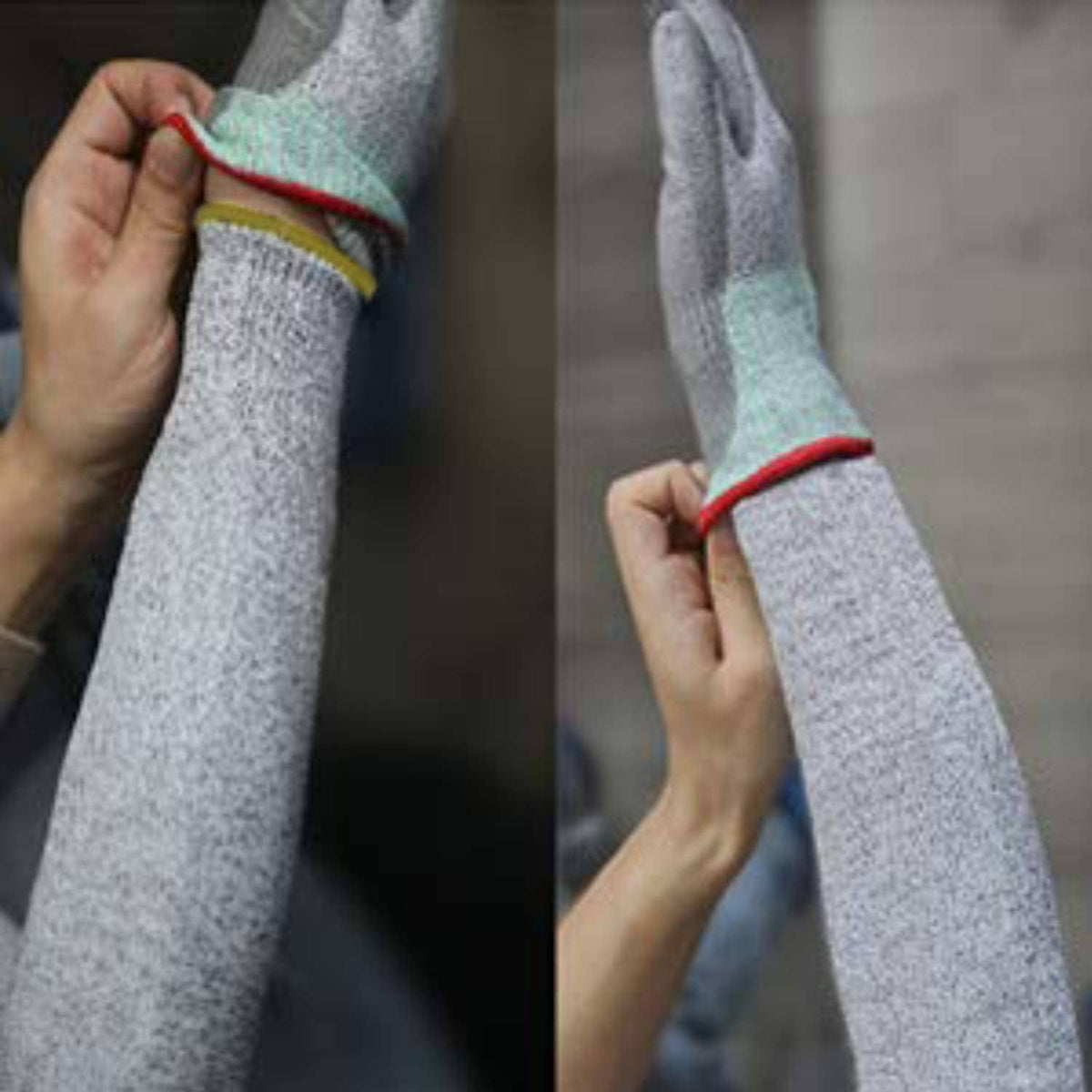 Gray knit arm sleeve cuffs with red trim and black edge stitching