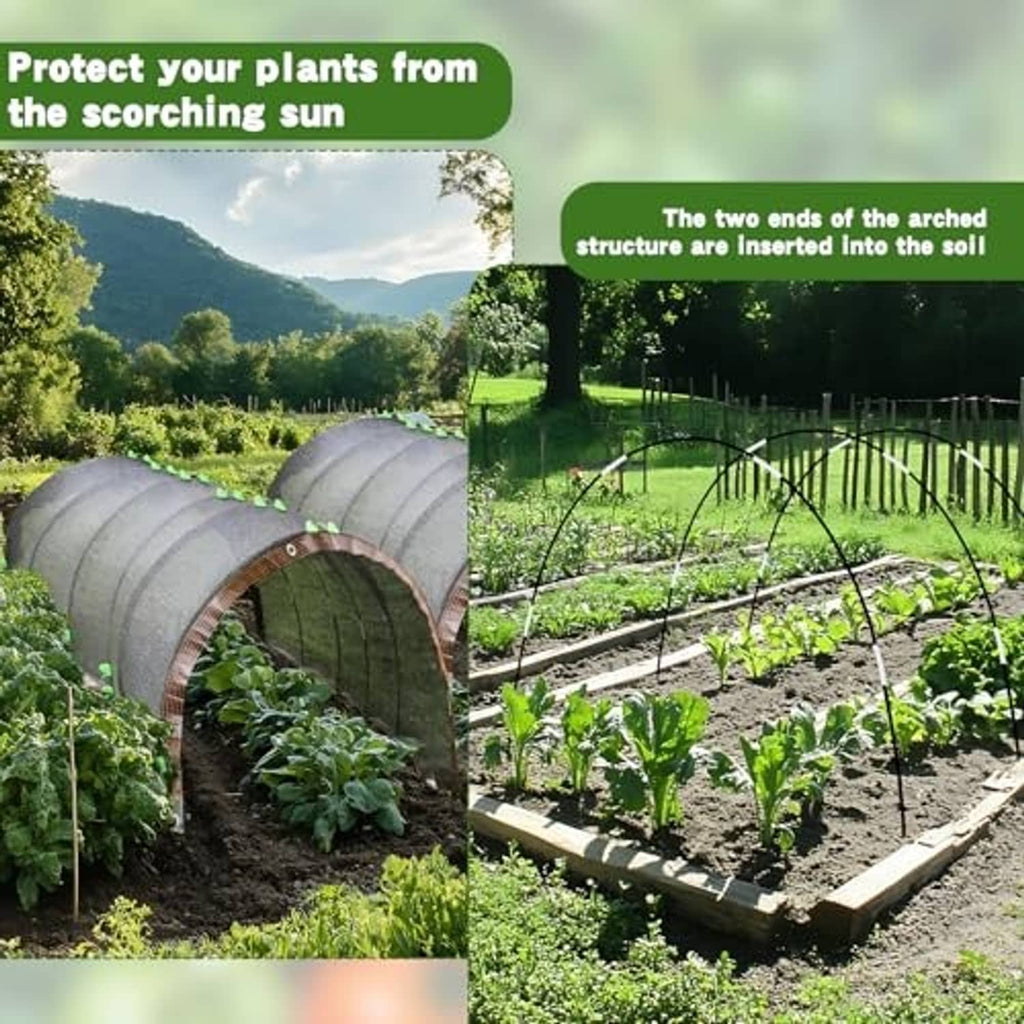 Grey greenhouse hoop shade cloth tunnels covering garden rows in raised vegetable beds
