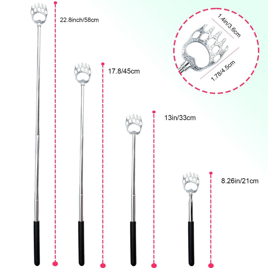 Extendable back scratcher with bear-claw head, shown with height measurements