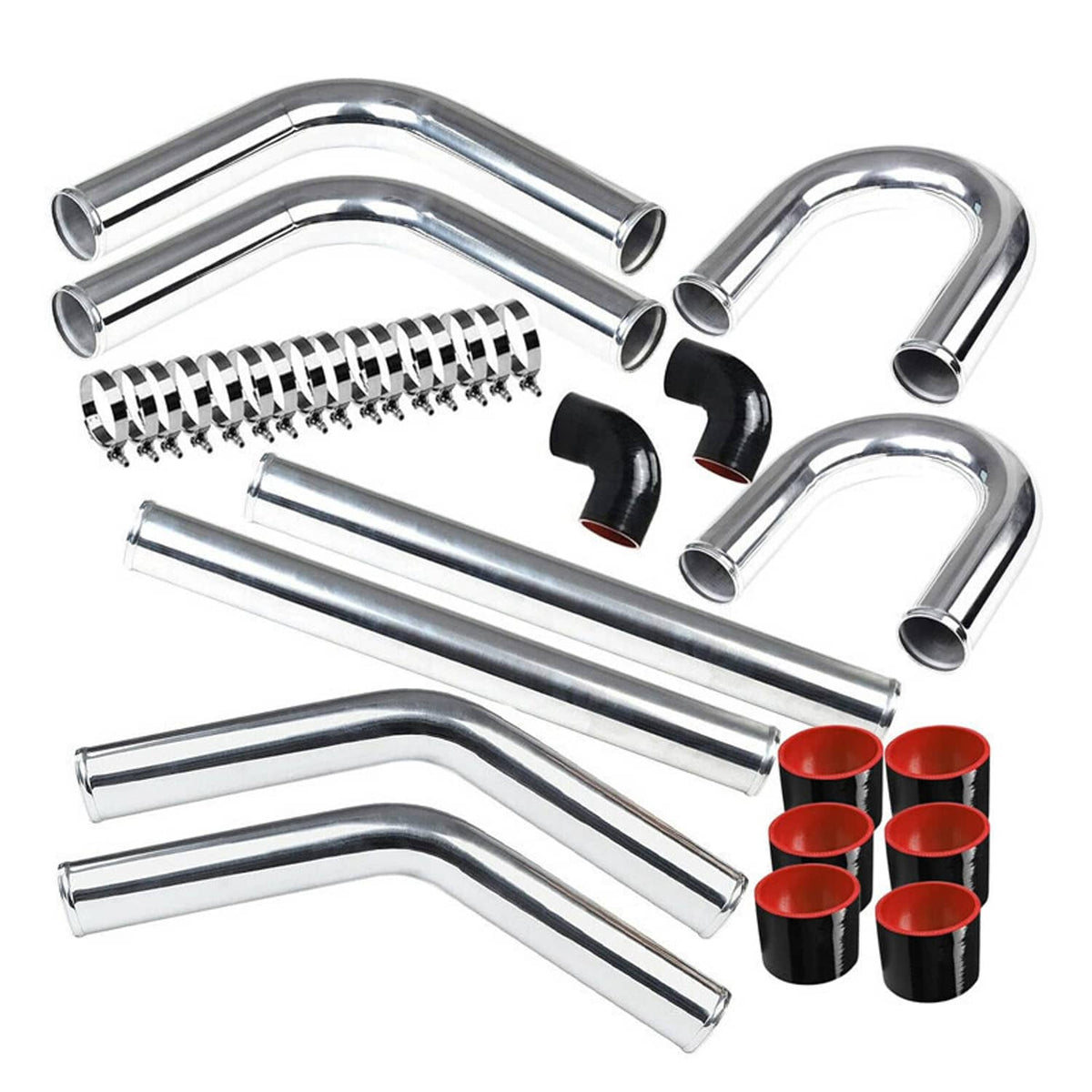 Universal aluminum intercooler piping kit with black silicone elbows, stainless tubes, and clamps