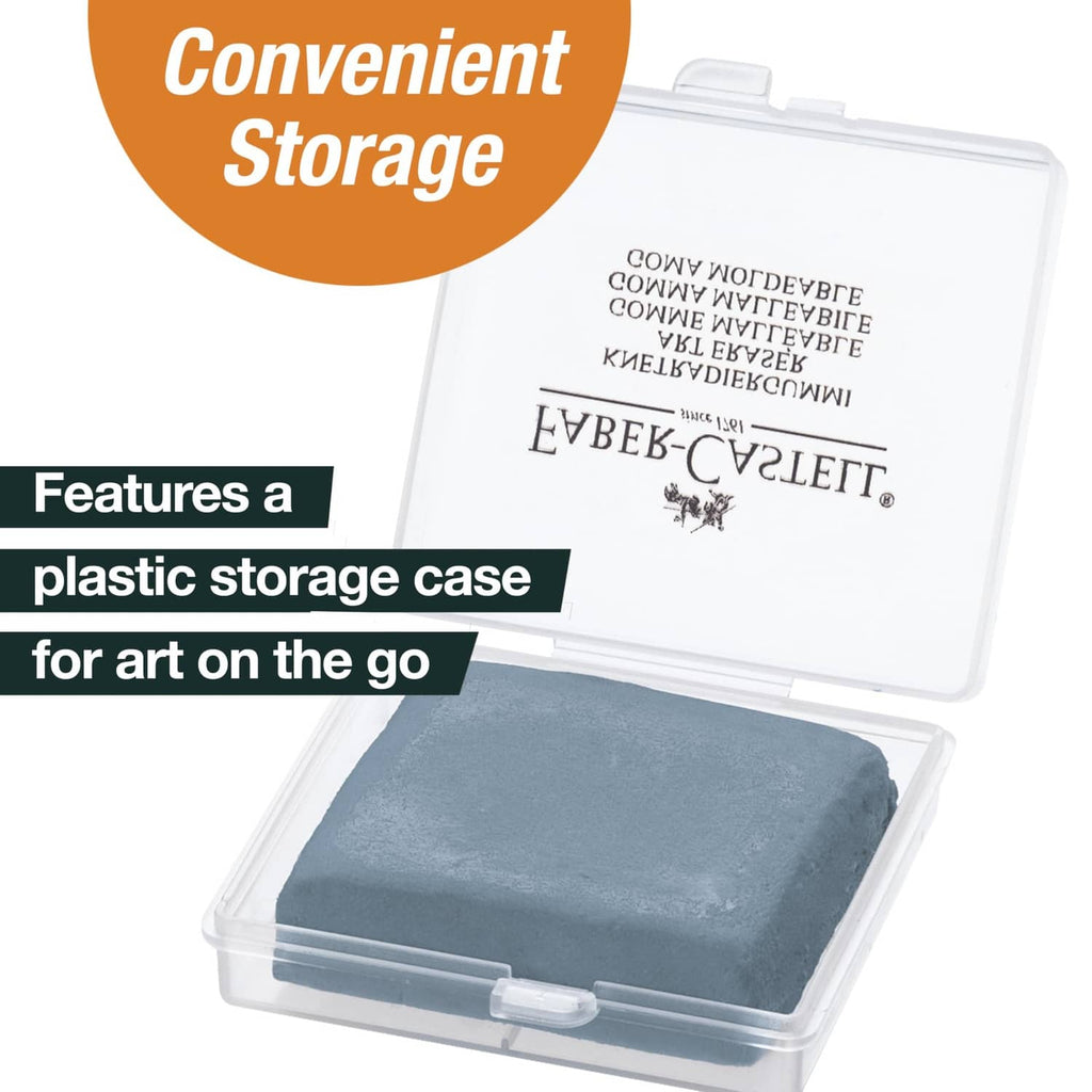 Grey kneaded eraser inside a clear plastic storage case