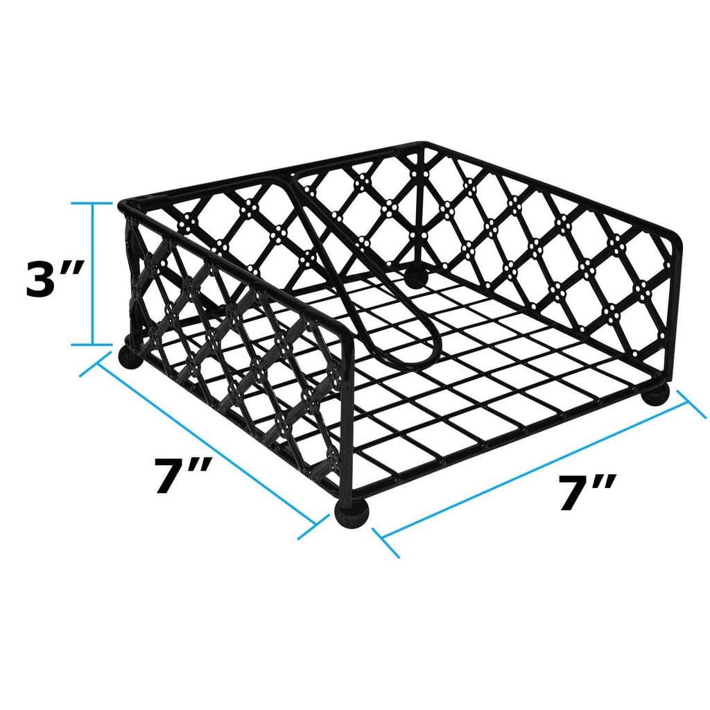 Black wire lattice napkin holder with stacked white napkins and top loop handle.