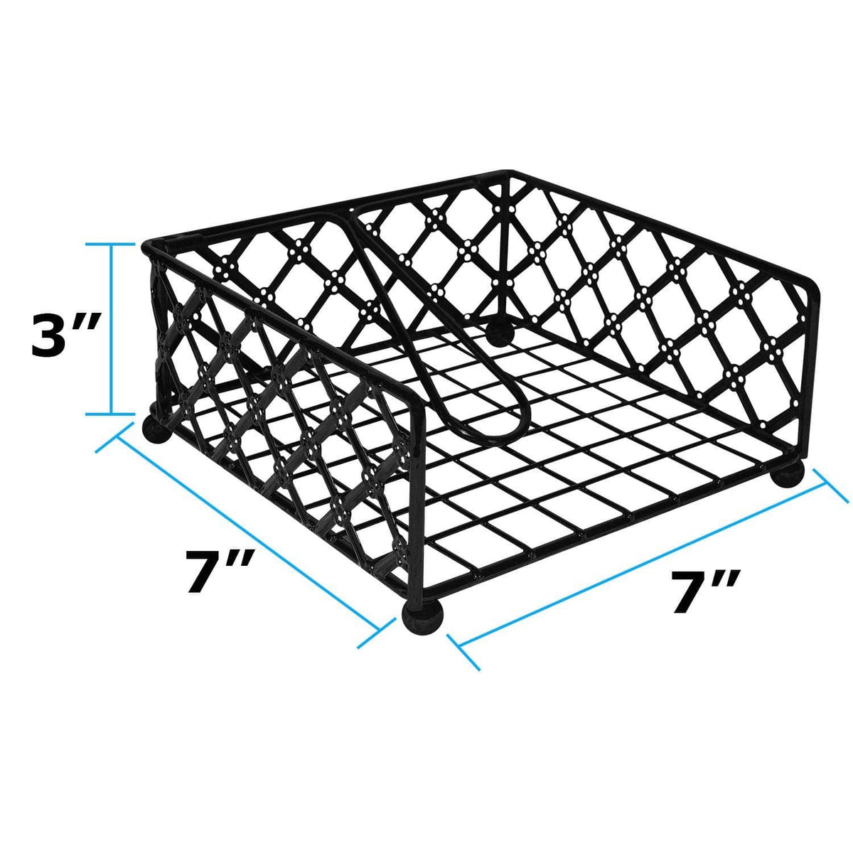 Black wire lattice napkin holder with stacked white napkins and top loop handle.