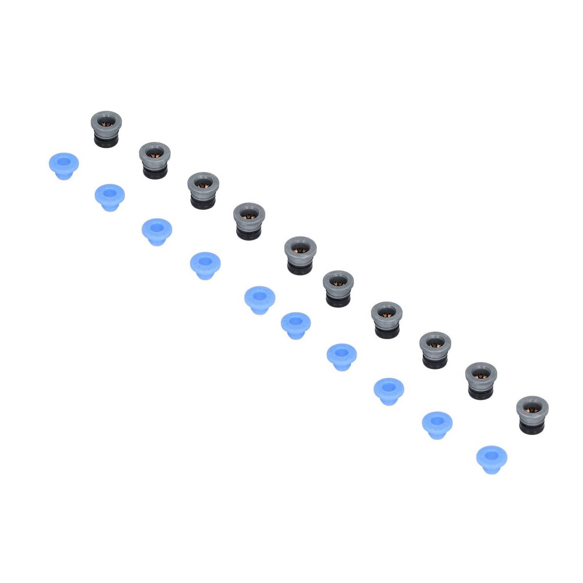 Pneumatic valve connector set, blue caps and black heads arranged diagonally