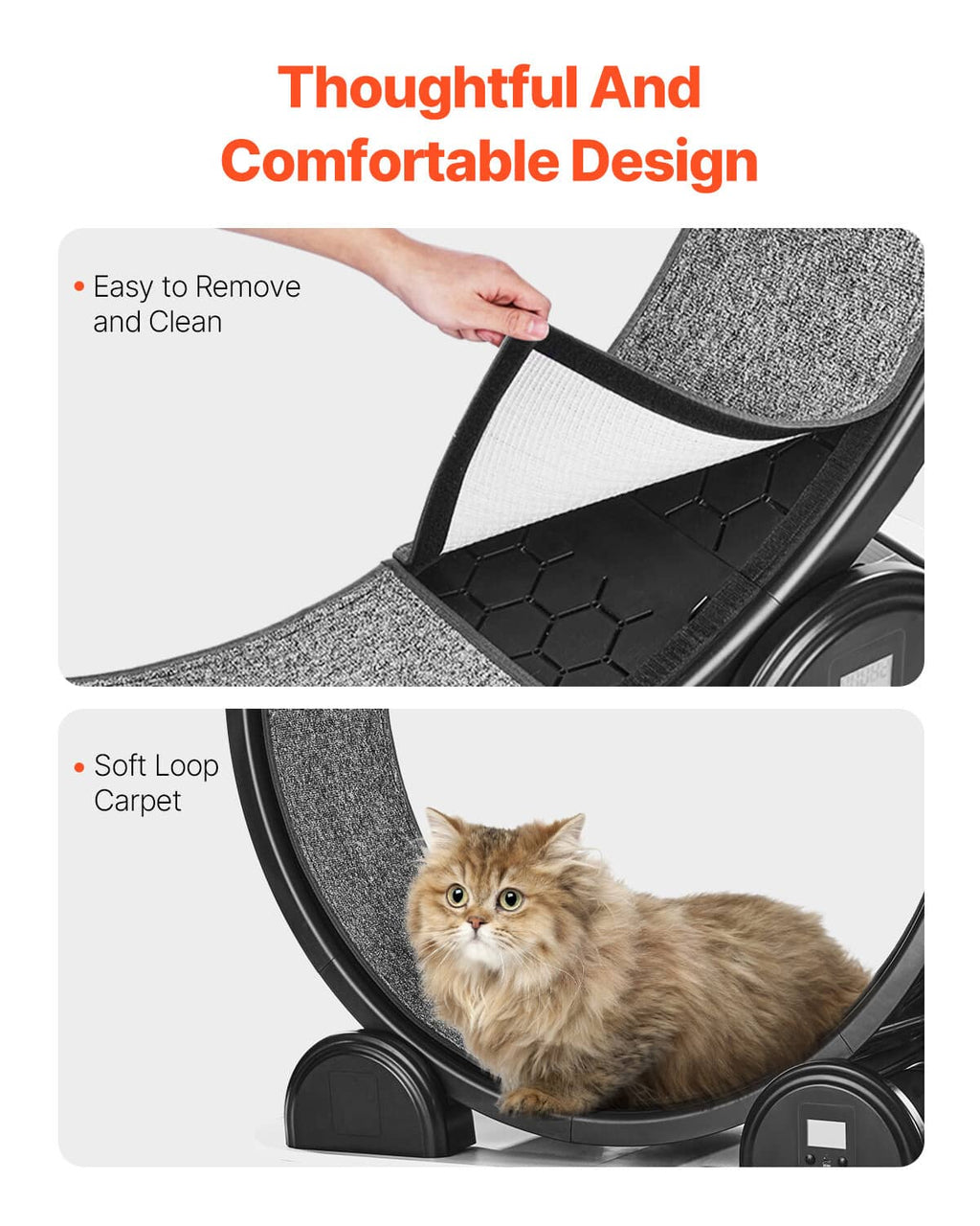 Cat exercise wheel with removable grey carpet panel and soft loop edge cushion