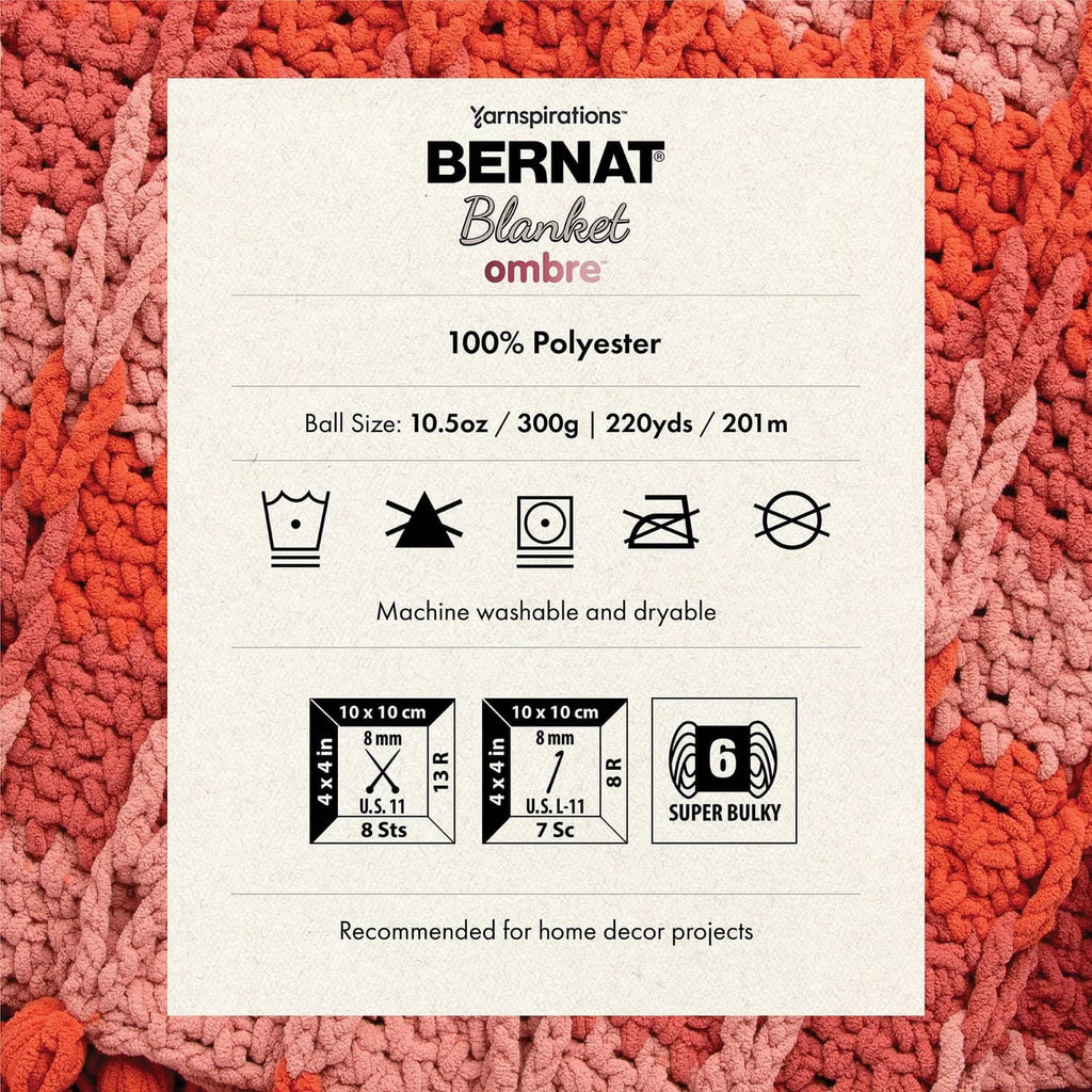 Product label showing 100% polyester and super bulky yarn details on orange textured yarn
