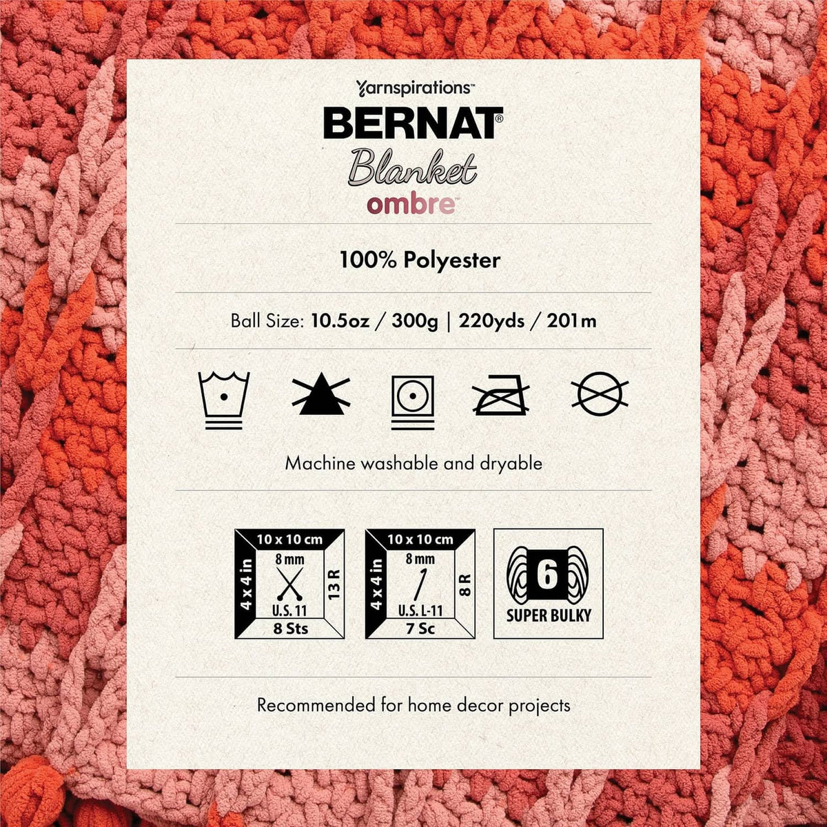 Product label showing 100% polyester and super bulky yarn details on orange textured yarn