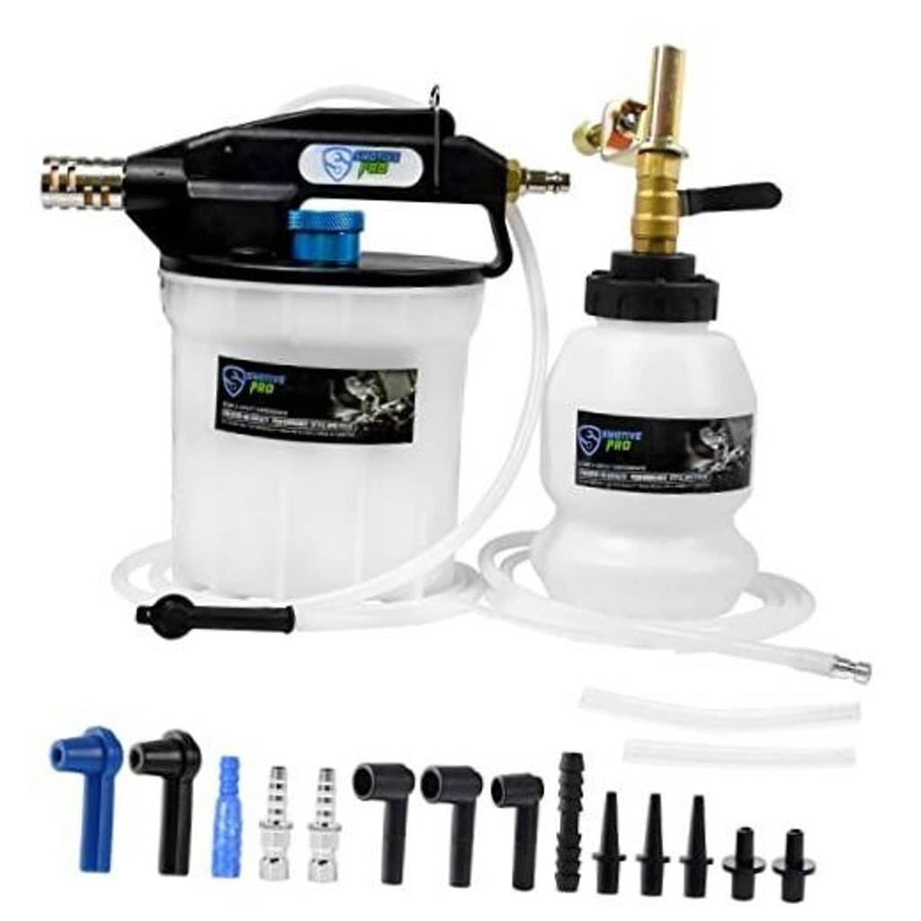 Pneumatic vacuum brake bleeder kit with white tank, black handle, hoses, brass valve