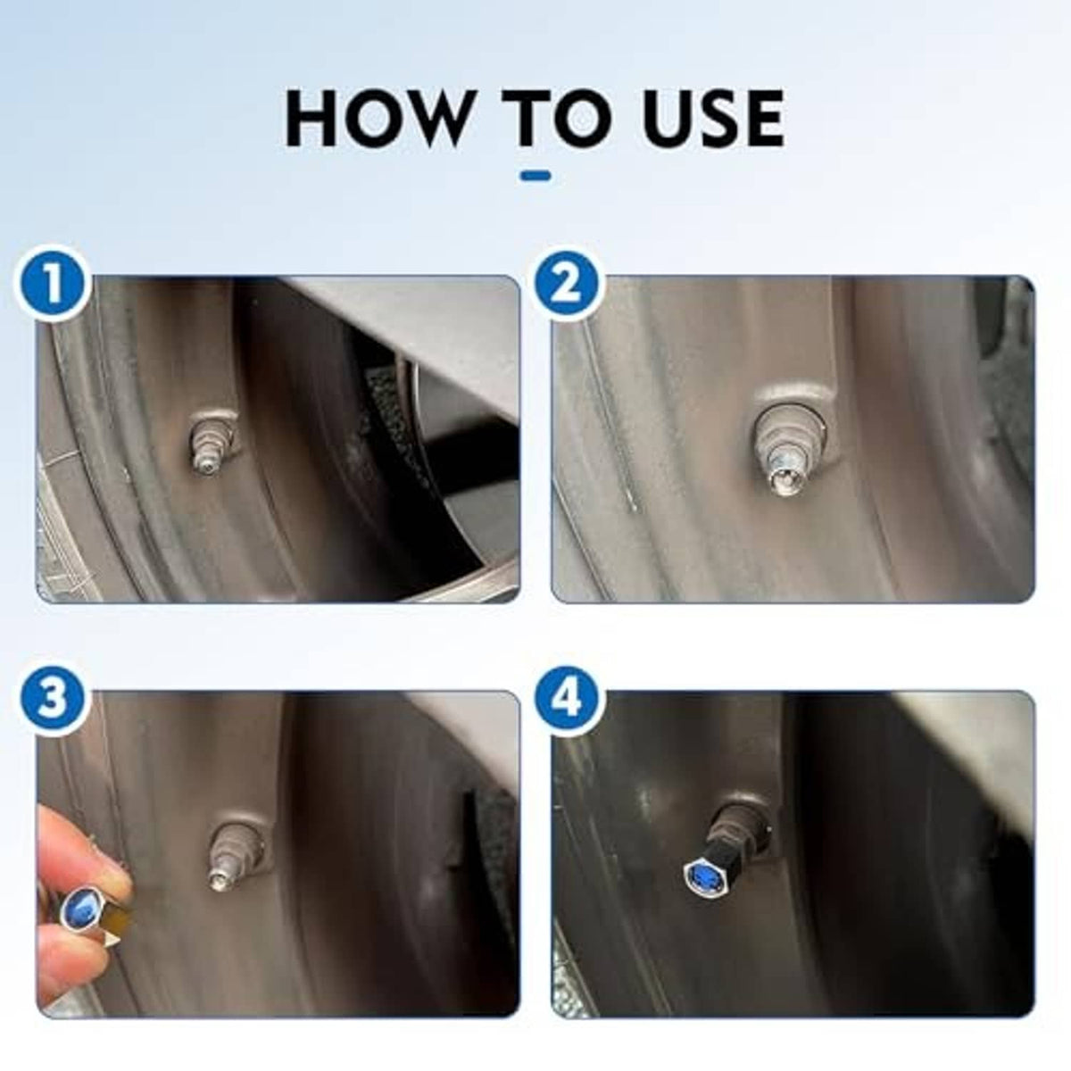 Hand installing a silver tire valve cap with blue skull emblem on a valve stem