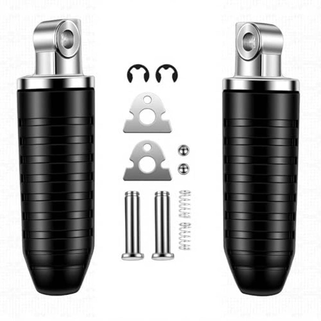 Black rear foot pegs kit with silver brackets, screws, springs, and 2 folding pegs