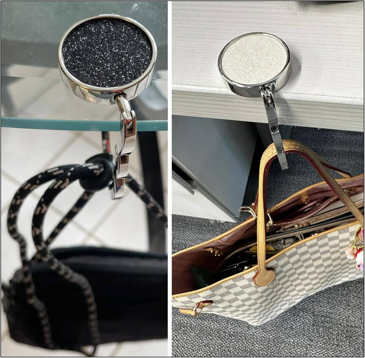 Foldable purse hook mounted on table; handbag strap hangs from chrome hook