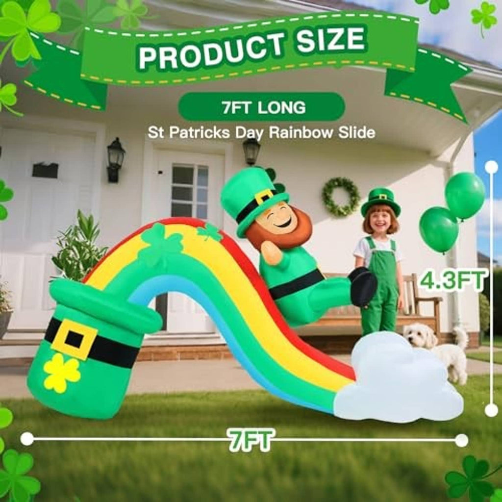 7 ft inflatable St. Patrick rainbow slide with leprechaun and child standing nearby