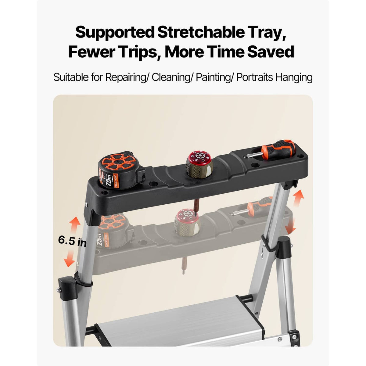 Stretched tool tray attachment on ladder platform, silver