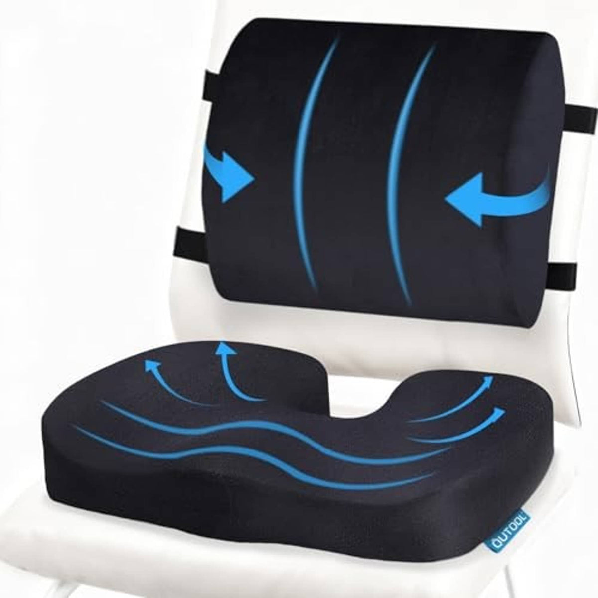 Black seat cushion with U-shaped insert and lumbar backrest pillow, blue arrows